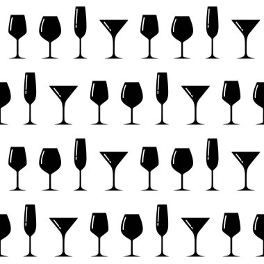 Gözlük siluetleriyle desen. Alkol bardaklarıyla sınırsız arkaplan. Tasarım için basit logosuyla tatil arkaplanı.