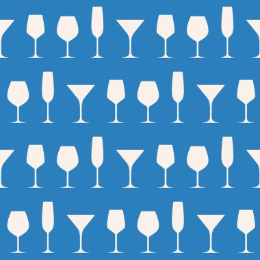 Gözlük siluetleriyle desen. Alkol bardaklarıyla sınırsız arkaplan. Tasarım için basit logosuyla tatil arkaplanı.