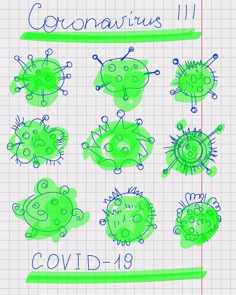 공책의 페이지에는 손으로 마커와 코로나 비루스의 아이콘 있습니다 스케츠 뇌졸중 — 스톡 벡터