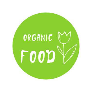 Sağlıklı gıda ikonu, yuvarlak etiket. Doğal ürünler için logo, vejetaryen yiyecekler için. Ambalaj amblemi. Organik biyobeslenme, GDO 'suz. Vektör illüstrasyonu.