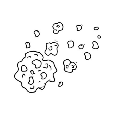 Kraterleri ve yüzeyinde çarpma izleri olan elle çizilmiş asteroitler. Doodle tarzı, basit minimalist çizim. Fantezi kozmik çizim, çizgi sanatı. İzole edilmiş. Vektör illüstrasyonu..