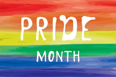 Çizgili çok renkli arkaplan, LGBT bayrağı, cinsel seçim özgürlüğü sembolü. Yazılı basit arkaplan: Gurur Ayı. Suluboya vuruşlarının taklit edilmesi. Vektör illüstrasyonuComment.