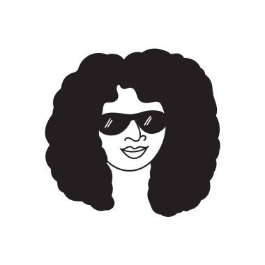Afrikalı Amerikalı kadın yüzü, kıvırcık saçlı zenci ırk logosu. Sosyal medya avatarı, basit bir ikon. Doodle tarzı, minimizalizm. İzole edilmiş.