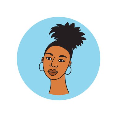 Afrikalı Amerikalı kadın yüzü, kıvırcık saçlı zenci ırk logosu. Sosyal medya avatarı, basit yuvarlak ikon. Doodle tarzı, minimizalizm. İzole edilmiş.