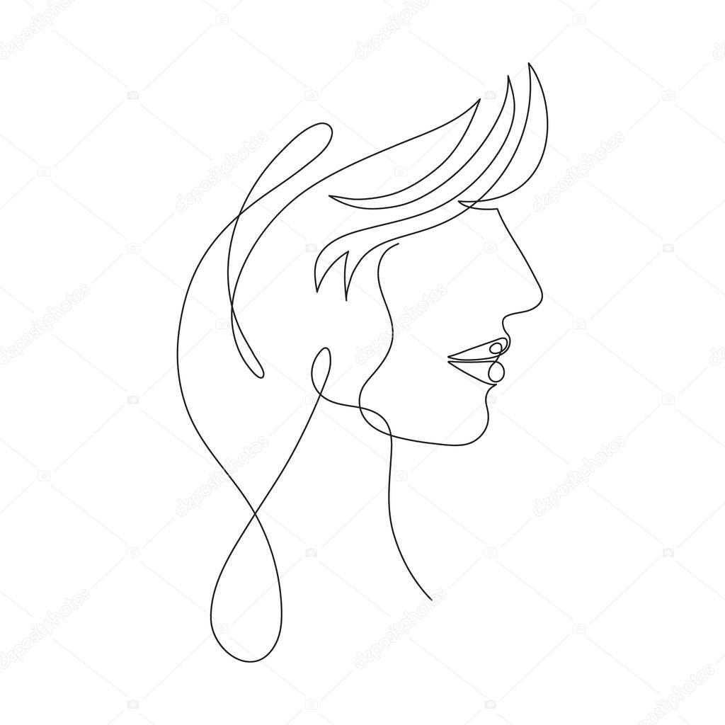 Hand drawn face of young woman,one line art,stylized continuous avatar profile contour.Doodle,sketch style.Isolated. Vector illustration