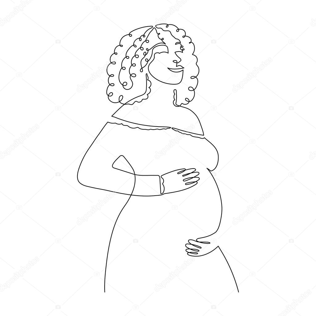 Hand drawn pregnant African American woman,one line,stylized continuous contour.Afro lady expecting child, picture of future mother and baby in belly.Motherhood concept.Doodle,sketch.Vector