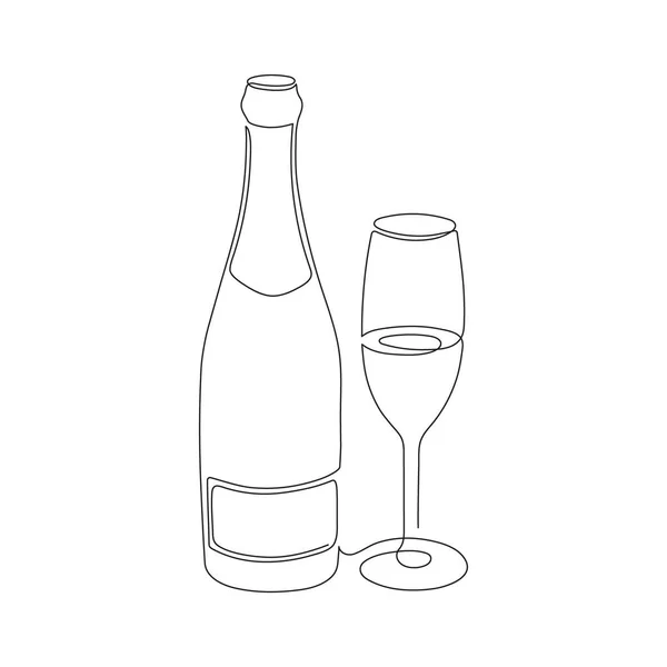 Handritad Logotyp Flaska Champagne Och Glas Linje Konst Stiliserad Kontinuerlig — Stock vektor
