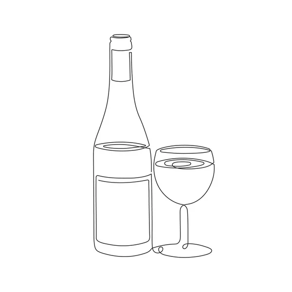 Hand Drawn Logo Wine Bottle Glass One Line Art Stylized — Stock Vector