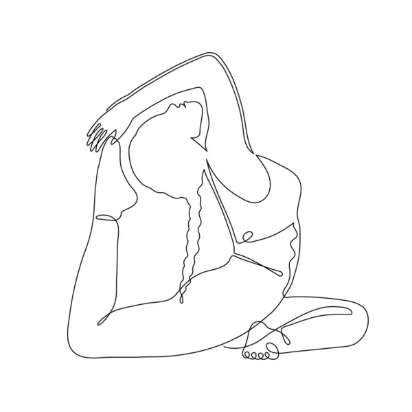 Chica Yoga Flexible Dibujada Mano Pose Paloma Arte Una Línea — Vector de stock