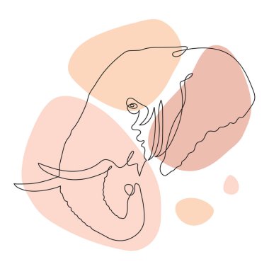 El yapımı fil ikonu, tek çizgi resim. Soyut noktalarla sürekli çizilmiş. Gövdesi ve dişleri olan büyük memeli. Lekeli hayvan kafası logosu.