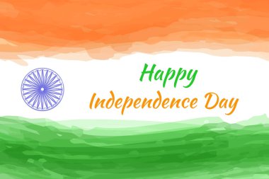 Hindistan Cumhuriyeti bayrağı, ashoka çakrası sembollü üç renkli. Yazı: Mutlu Bağımsızlık Günleri. Ülke sembolü, suluboya vuruşlar, fırça darbeleri.