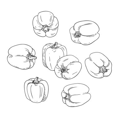 Çan biberi karalama ikonu seti. El çizimi çizimi. Vejetaryen yemekleri, sağlıklı yaşam için vitaminli sebzeler, dengeli beslenme, doğru beslenme. Vektör illüstrasyonu.