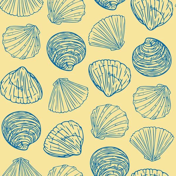 Deniz kabuklu desen, el çizimi deniz sembolleri. Kusursuz duvar kağıdı. Fosiller mürekkeple, kalemle boyanmış. Çizgi, minimalizm. Basit kabataslak arka plan. Vektör illüstrasyonu.