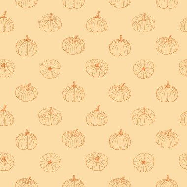 Balkabağı deseni, Cadılar Bayramı duvar kâğıdı. El çizimi Şükran Günü sukabakları, vejetaryen yemekleri, düzgün beslenme, sağlıklı beslenme. Çizgi sanatı. Vektör çizimi.