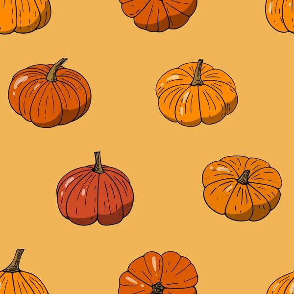 Pumpkins Seamless Pattern Halloween Wallpaper Hand Drawn Thanksgiving Gourds Endless — Stock Vector