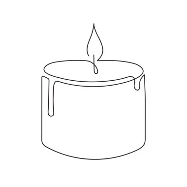 Mum tek satırlık sanat, stilize süreklilik, yanan balo. El çizimi taslak, mum ışığı ateşi, alev, tatil romantik dekorasyonu. Doodle, skeç, minimalizm..