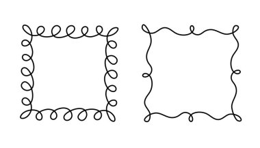 Kare karalama çerçevesi damgası, el çizimi dalgalı nişan monogramları. Kenarları ve kadroları basit karalamalı girdap tasarımı fotoğraf dekorasyonu eski moda selamlama unsurları. İzole edilmiş. Vektör