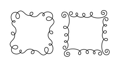 Kare karalama çerçevesi damgası, el çizimi dalgalı nişan monogramları. Kenarları ve kadroları basit karalamalı girdap tasarımı fotoğraf dekorasyonu eski moda selamlama unsurları. İzole edilmiş. Vektör