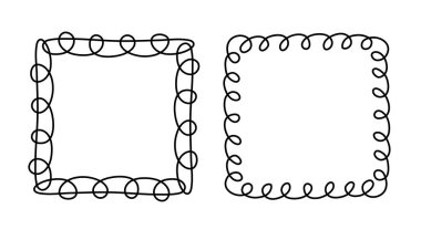 Kare karalama çerçevesi damgası, el çizimi dalgalı nişan monogramları. Kenarları ve kadroları basit karalamalı girdap tasarımı fotoğraf dekorasyonu eski moda selamlama unsurları. İzole edilmiş. Vektör