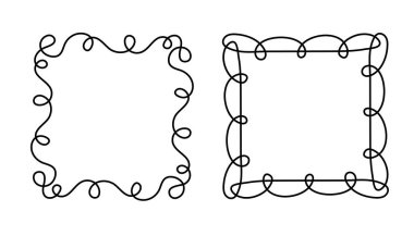 Kare karalama çerçevesi damgası, el çizimi dalgalı nişan monogramları. Kenarları ve kadroları basit karalamalı girdap tasarımı fotoğraf dekorasyonu eski moda selamlama unsurları. İzole edilmiş. Vektör