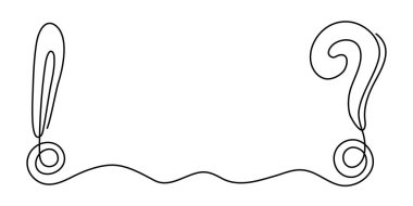 Question and exclamation marks one line art, hand drawn asking and admiration signs, continuous contour. Query FAQ concept, finding the answer. Editable stroke. Isolated. Vector