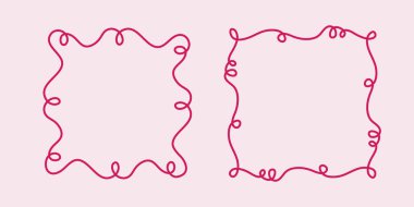 Kare karalama çerçevesi damgası, el çizimi dalgalı nişan monogramları. Kenarlar ve kadrolar basit karalamalı girdap tasarımı düzenlenebilir dekorasyon eski moda selamlama öğeleri. İzole edilmiş. Vektör