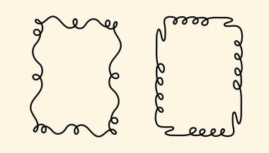 Dikdörtgen karalama çerçeve damgası, el yapımı dalgalı kıvrımlı nişan monogramları. Kenarları ve kadroları basit karalamalı girdap tasarımı fotoğraf dekorasyonu eski moda selamlama unsurları.