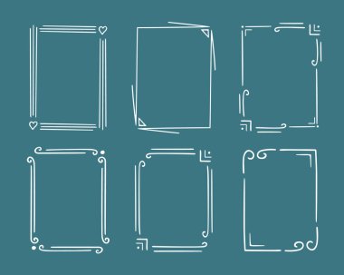 Dikdörtgen karalama çerçeve damgası, el çizimi orijinal nişan monogramları. Kenarlarında grafik elementler, tasarım fotoğraf dekorasyonu selamlama kadroları var. İzole edilmiş. Vektör illüstrasyonu