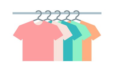 Elbise askısı, indirimli düz tişört kıyafetleri. Perakende satış teklifi, asılmaya devam. Süpermarket indirimi, mağazada tutumlu alım. İzole edilmiş. Vektör