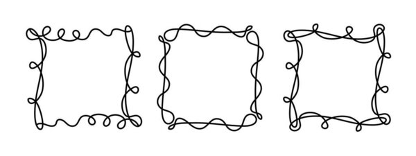 Квадратная рамка, нарисованные вручную волнистые кудрявые монограммы. Очертания и кадры простой замысловатый каракули вихревой дизайн, редактируемая одна линия украшения старомодные элементы приветствия. Isolated.