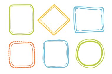 Coquette el yapımı karalama çerçeve seti, renkli şekiller, klasikleşmiş klasik, kaprisli kenarlar, zarif geometrik pullar, kız tarzı tasarım. İzole edilmiş. Vektör