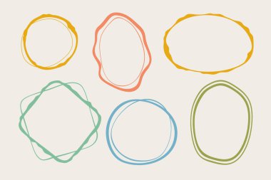 Coquette el yapımı karalama çerçeve seti, renkli şekiller, klasikleşmiş klasik, kaprisli kenarlar, zarif geometrik pullar, kız tarzı tasarım. İzole edilmiş. Vektör