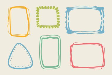 Coquette el yapımı karalama çerçeve seti, renkli şekiller, klasikleşmiş klasik, kaprisli kenarlar, zarif geometrik pullar, kız tarzı tasarım. İzole edilmiş. Vektör