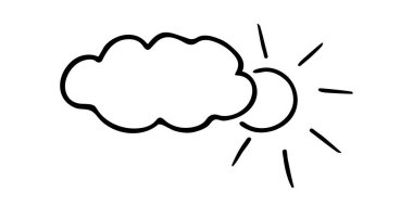 Güneş ve Bulut, basit bir el çizimi ile ışık saçan güneş ışınları. İzole edilmiş. Vektör