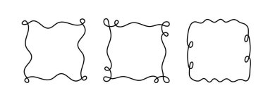 Kare karalama çerçevesi, el çizimi dalgalı kıvrımlı nişan monogramları. Kenarlar ve kadrolar basit karalamalı girdap tasarımı, düzenlenebilir tek satır dekorasyonu eski moda selamlama unsurları. Düzenlenebilir