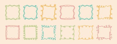Kare karalama çerçevesi, el çizimi dalgalı kıvrımlı nişan monogramları. Kenarlar ve kadrolar basit karalamalı girdap tasarımı, düzenlenebilir tek satır dekorasyonu eski moda selamlama unsurları. Düzenlenebilir vuruş