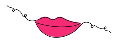 Dudakları bir çizgi, elleri çizilmiş gülümseyen bir kadın ağzı sürekli bir çizgi. Çekici kız, güzel dekoratif makyaj ruj konsepti. Düzenlenebilir felç. İzole edilmiş. Vektör illüstrasyonu