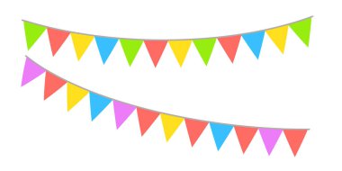 Doğum günü partisi dekorasyonu için ipte renkli bayraklar, tatil yıldönümü kumaşı sevimli tasarım, modern şenlikli asılı dekor. İzole edilmiş. Vektör