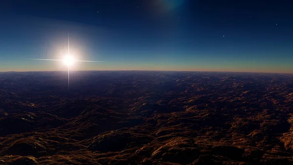 realistic surface of an alien planet, view from the surface of an exo-planet, canyons on an alien planet, stone planet, desert planet 3d render