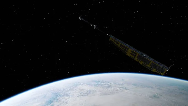 realistic satellite in orbit of the Earth, artificial satellite of telecommunications, satellite communications from Earth orbit, probe in Earth orbit 3d render