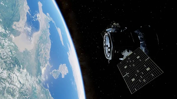 realistic satellite in orbit of the Earth, artificial satellite of telecommunications, satellite communications from Earth orbit, probe in Earth orbit 3d render