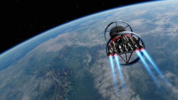 spaceship near the earth, earth and a space jet, ufo near the earth, the future of earth 3d render