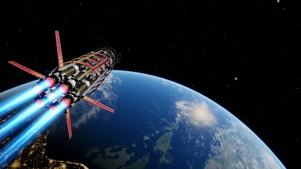 spaceship near the earth, earth and a space jet, ufo near the earth, the future of earth 3d render
