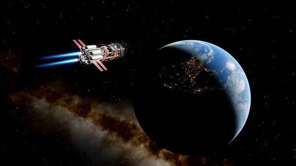 spaceship near the earth, earth and a space jet, ufo near the earth, the future of earth 3d render