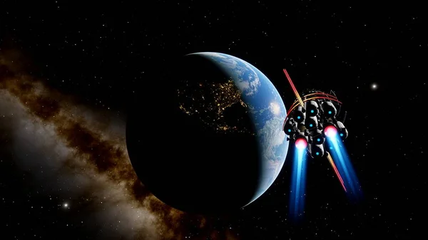 spaceship near the earth, earth and a space jet, ufo near the earth, the future of earth 3d render