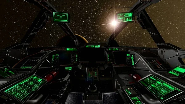 view from the cockpit of a spaceship, cockpit spaceship background, cockpit UFO, spaceship cabin and planet 3d render