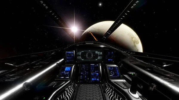 view from the cockpit of a spaceship, cockpit spaceship background, cockpit UFO, spaceship cabin and planet 3d render
