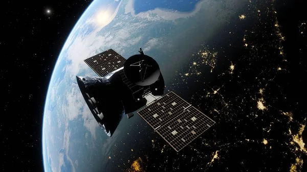 realistic satellite in orbit of the Earth, artificial satellite of telecommunications, satellite communications from Earth orbit, probe in Earth orbit 3d render