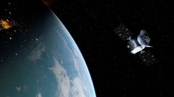 realistic satellite in orbit of the Earth, artificial satellite of telecommunications, satellite communications from Earth orbit, probe in Earth orbit 3d render