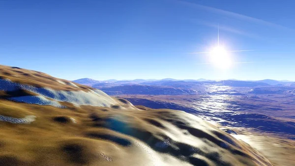 realistic surface of an alien planet, view from the surface of an exo-planet, canyons on an alien planet, stone planet, desert planet 3d render